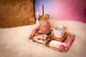Tea set placed on a comfortable table
